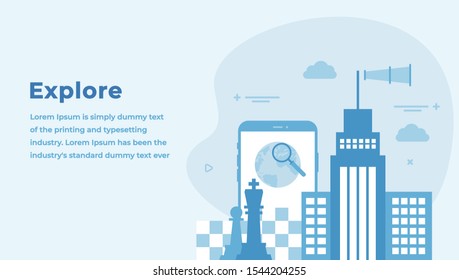 Explore Modern Design Concept with Headline and Text Place. Buildings, Chess Figures, Magnifying Glass, Loudspeaker. Suitable for Web banner, Hero images. Flat Vector Illustration 