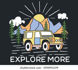 Explore More by car print design. Road trip vector artwork for fashion. Summer vibes striker design. 