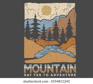 Explore more. Colorado national park artwork. Say yes to adventure. Abstract art.  Hill trekking. Mountain adventure vintage print design for t shirt. Wild lake vector artwork design.