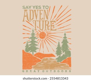 Explore more. Colorado national park artwork. Say yes to adventure. Abstract art.  Hill trekking. Mountain adventure vintage print design for t shirt. Wild lake vector artwork design.