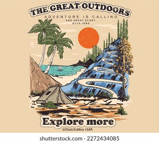 explore more. Great outdoors mountain camping vector artwork design for any kind of thinks. outside tour print for apparel. 