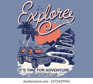 Explore more. Mountain adventure vector graphic print design for apparel, sticker, poster, background and others. Outdoor t-shirt artwork design. Beach with palm tree artwork.