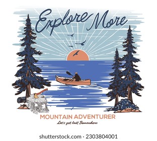 Explore more. Mountain adventure vector artwork design for t-shirt and others. Kayaking trip graphic print design for apparel, stickers, posters and background.