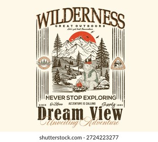 Explore mais. Montanha com urso vintage arte para vestuário, adesivo, lote, fundo, cartaz e outros. Aventura de verão. Montanha ao ar livre t camisa vetor design.