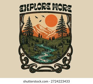 Explore mais. Montanha com urso vintage arte para vestuário, adesivo, lote, fundo, cartaz e outros. Aventura de verão. Arte de aventura no Colorado. Montanha ao ar livre t camisa vetor design.