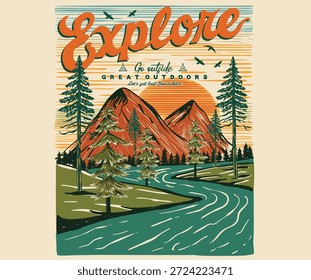 Explore más. Montaña con arte vintage del oso para la ropa, etiqueta engomada, Lote, fondo, cartel y otros. Aventura de verano.