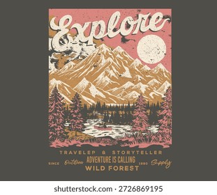 Explore más. Obra de arte vintage de montaña para ropa, pegatina, Lote, fondo, póster y otros. Aventura de verano. Diseño de Vector de camiseta de Mountain Outdoors.