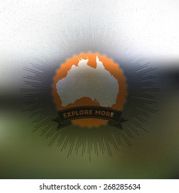 Explore more poster. Australia map with vintage style star burst on blurred background, retro element for your design