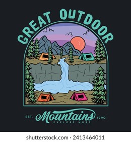 Explore More, vector mountain with sunset and river, mountain graphic artwork for t shirt and others. Mountain with Pine tree.