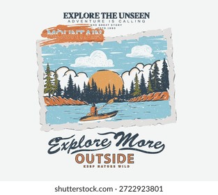 Explore mais design de impressão vetorial para camiseta e outros. Projeto de impressão gráfica de montanha para vestuário, adesivos, cartazes e fundo. Obra de arte de aventura. caiaque no lago.