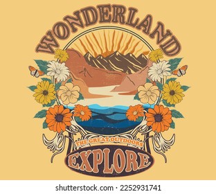 Explore more at the wild. Wonderland graphic print design. Rocky mountain river artwork for t-shirt, poster and others. Retro. Flower with mountain. 