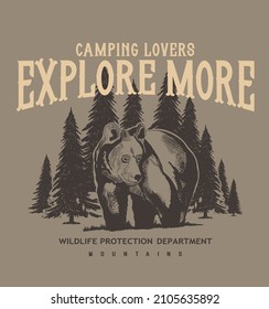 Explore more.Camping lovers.National park colorful concept with flying bird forest and mountains landscape inside bear silhouette isolated vector illustration