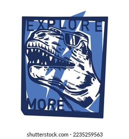 Explore more.Dangerous dinosaur character design.Cool t rex vector print.Fun t-shirt design for kids.Vector illustration design for fashion fabrics, textile graphics, print.
