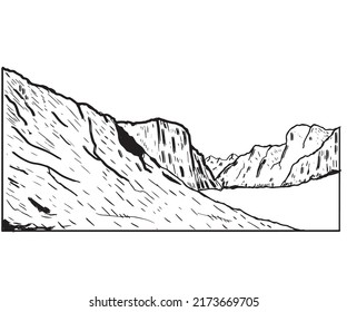 Explore mountain print design for t-shirt and others. Hill hiking black and white graphic artwork for sticker, poster, background.