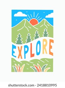 Explore the mountain vector mono line illustration