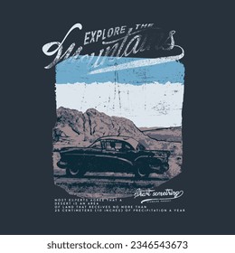 explore the mountains, Explore the great outdoors, vector mountain with sunset and river, mountain graphic artwork for t shirt and others. Mountain with tree retro vintage print design. 