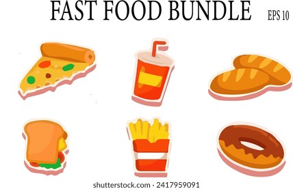 Explore a mouthwatering Fast Food Bundle vector illustration on Shutterstock featuring a delectable mix of pizza, cold drink, burger, sandwich, French fries, and donut. Satisfy your cravings with this