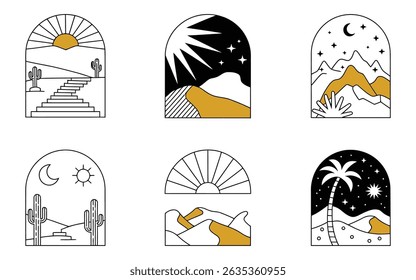 Explore mystical desert landscapes depicted in minimal vector style. Evokes a sense of journey, dreams, and ethereal beauty under the sun and moon.