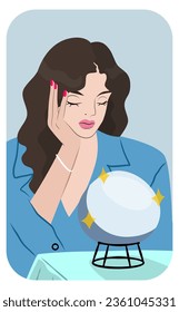 Explora el universo místico con nuestra cautivadora imagen de una mujer en un traje azul contemplando una bola de cristal mágico! Descubre los secretos del destino, el futuro y el pasado mientras se adentra en el reino de