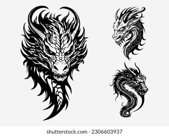 Explore the mythical world with dragon head tribal tattoo logo set, featuring intricate black and white illustrations exuding strength and allure