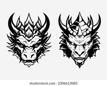 Explore the mythical world with dragon head tribal tattoo logo set, featuring intricate black and white illustrations exuding strength and allure
