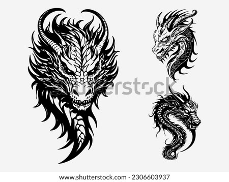 Explore the mythical world with dragon head tribal tattoo logo set, featuring intricate black and white illustrations exuding strength and allure