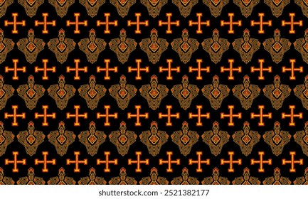 "Explore Native American-inspired geometric patterns featuring triangles, squares, and circles in orange, gold, and red against a black background. Ideal for fabrics, wallpapers, and rugs, adding a vi