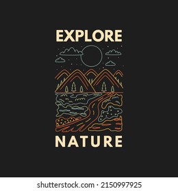 Explore nature. Badge with mountains, road and moon in doodle style. The concept of camping, travel. Hand-drawn image in doodle style.