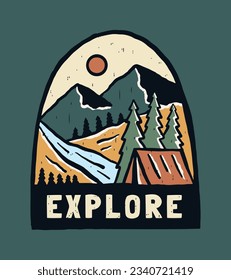 Explore the nature with camping in the mountain vintage vector illustration