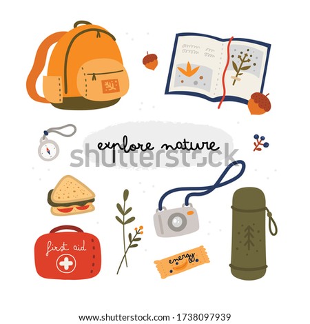 Explore nature collection. Travel bundle. Backpack, photo camera, diary, herbarium, energy snack, first aid, compass. Vector illustration with tourist equipment in flat style isolated on white