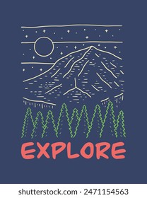 Explore the nature mountain in the night mono line vector design illustration