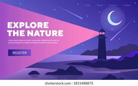 Explore Nature poster web page template with lighthouse at night with crescent moon in a starry sky ad bright shining beam, colored vector illustration