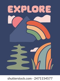 Explore el arco iris de la naturaleza para la etiqueta engomada ilustración gráfica diseño de camiseta de Arte vectorial