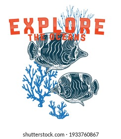 explorar los océanos. Borde de coral sin soldadura blanca y negra dibujado a mano. Ilustración del vector