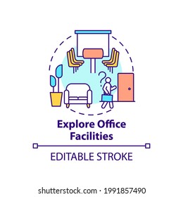 Explore Office Facilities Concept Icon. Newbie Adaptation Tip. Business Perspective Idea Thin Line Illustration. Meeting Room And Break Area. Vector Isolated Outline RGB Color Drawing. Editable Stroke