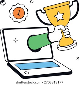 Explore o sucesso da educação on-line com as recompensas do curso apresentadas através de um computador. Perfeito para mostrar conquistas de e-learning e distintivos de habilidades digitais. ilustração vetorial plana isométrica.