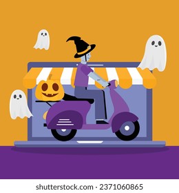 Explore Online Shopping in the Halloween Festival, online store with delivery man in halloween theme. flat vector illustrator