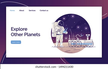 Explore other planets landing page vector template. Cosmonaut with moon rover website interface idea with flat illustrations. Space homepage layout. Spacewalk web banner, webpage cartoon concept