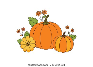 Explore our Autumn Pumpkins with Seasonal Flowers Vector Illustration, perfect for festive decorations, greeting cards, and holiday projects. Vibrant designs bring autumn charm to your creations.