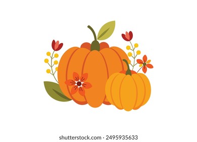 Explore our Autumn Pumpkins with Seasonal Flowers Vector Illustration, perfect for festive decorations, greeting cards, and holiday projects. Vibrant designs bring autumn charm to your creations.