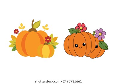Explore our Autumn Pumpkins with Seasonal Flowers Vector Illustration, perfect for festive decorations, greeting cards, and holiday projects. Vibrant designs bring autumn charm to your creations.