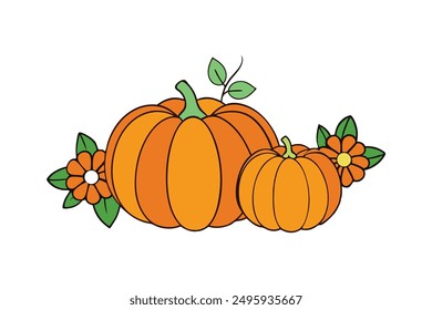 Explore our Autumn Pumpkins with Seasonal Flowers Vector Illustration, perfect for festive decorations, greeting cards, and holiday projects. Vibrant designs bring autumn charm to your creations.