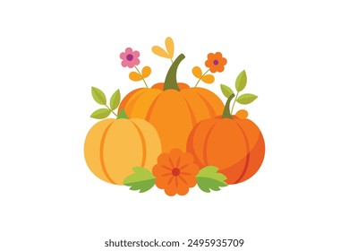 Explore our Autumn Pumpkins with Seasonal Flowers Vector Illustration, perfect for festive decorations, greeting cards, and holiday projects. Vibrant designs bring autumn charm to your creations.