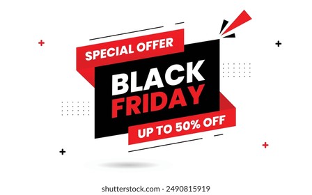 Explore our Black Friday special offer Up to 50% off Dynamic banner design with white background and impactful black and red shapes shop now for the best deals banner, offer, promotion, discount