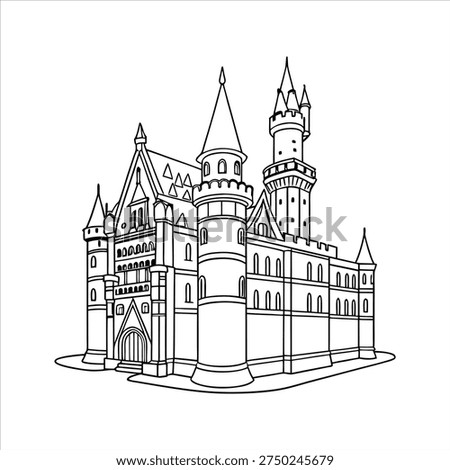 Explore our breathtaking, intricate castle outline, featuring soaring spires, majestic battlements, and timeless architectural details. Perfect for artists, designers, or history enthusiasts seeking a high-quality, detailed template to bring your own mythical kingdom or historical vision to life.