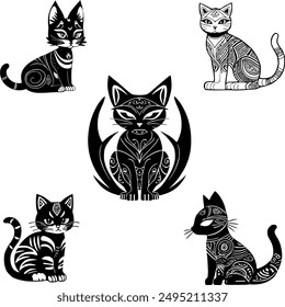 Explore our captivating vector art featuring 5 full-figure tribal cat designs, perfect for laser engraving, t-shirt printing, and other artistic projects. Unleash your creativity with this designs.