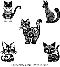 Explore nuestro cautivador Arte vectorial con 5 diseños de gatos tribales de figura completa, perfecto para grabado láser, impresión de camisetas y otros proyectos artísticos. Libera tu creatividad con estos diseños.