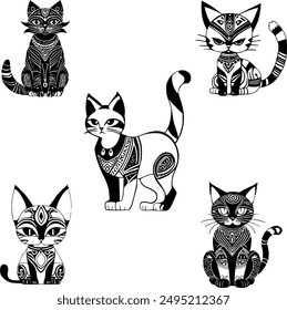 Explore our captivating vector art featuring 5 full-figure tribal cat designs, perfect for laser engraving, t-shirt printing, and other artistic projects. Unleash your creativity with this designs.