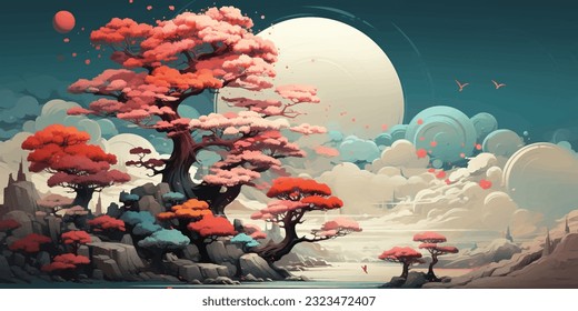 Explore our Celestial Sakura Vector Art, blending astronomy and Japanese aesthetics. Perfect for creative projects or celestial-themed decor. Limited Edition.