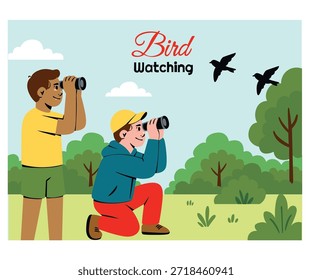 Explore nuestra ilustración festiva: dos hombres observando aves, mirando a través de binoculares. ¡Perfecto para los amantes de la naturaleza y los entusiastas de las aves!